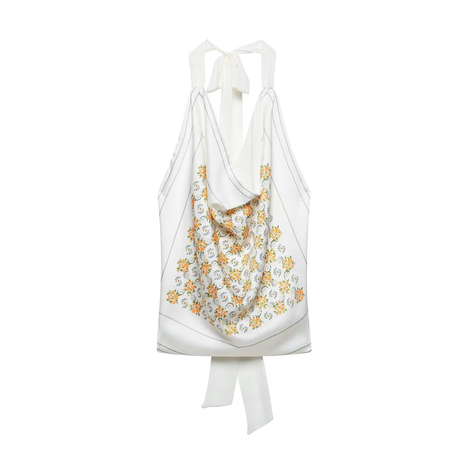 

TAOP&ZA Весенне-летняя шелковая атласная майка-халтер с принтованными деталями-бантами - Европейский и американский стиль Large