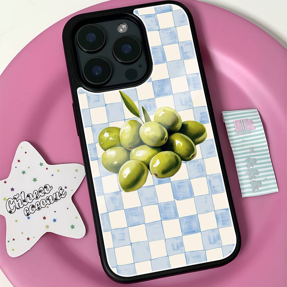 Green Olives Blue Checkered Phone Case Black Hard Plastic Phone Case For Iphone 17 Air 16 15 14 13 12 Pro Max PC TPU Ins Case iPhone 15 plus