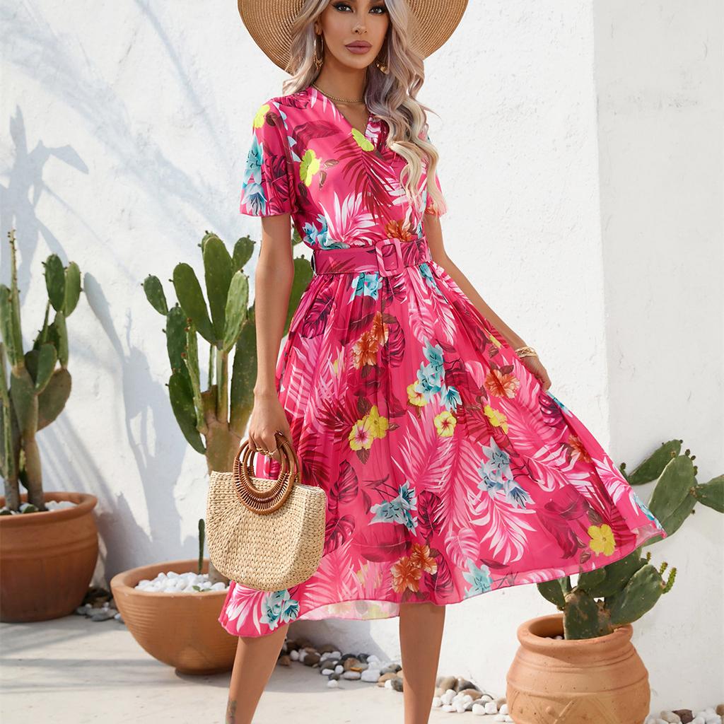 QICED Damenmode Sommer Frühling Blumendruck Kurzarm V-Ausschnitt Hohe Taille Freizeitkleider