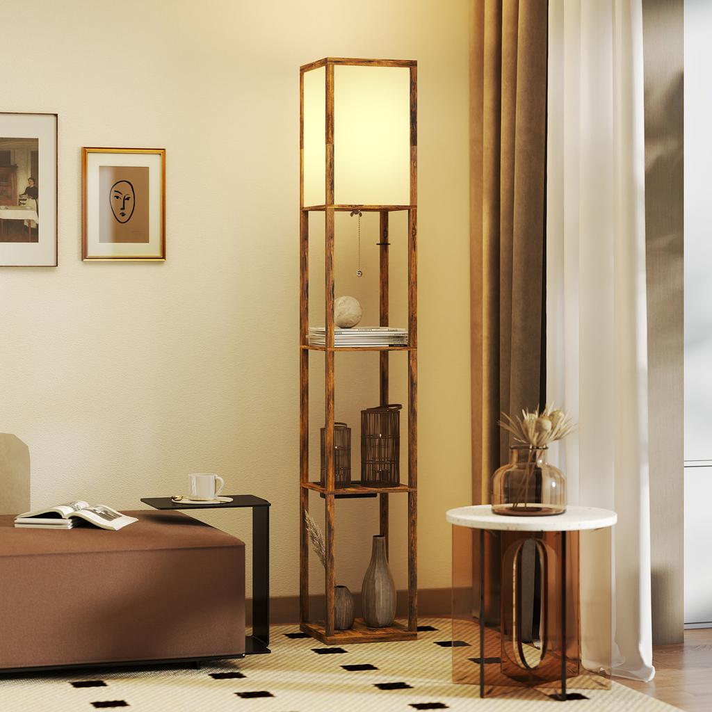 Floor Lamp with Shelves, 4 Layer Standing Lamp with USB Ports, 3 Colour Temperature, Rustic Brown