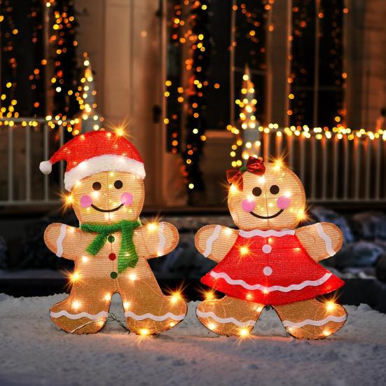 2 Pcs Christmas Gingerbread Man Yard Sign Lighted Gingerbread Boy And Girl Sign with Stake for Outdoor Lawn Patio Garden Decor