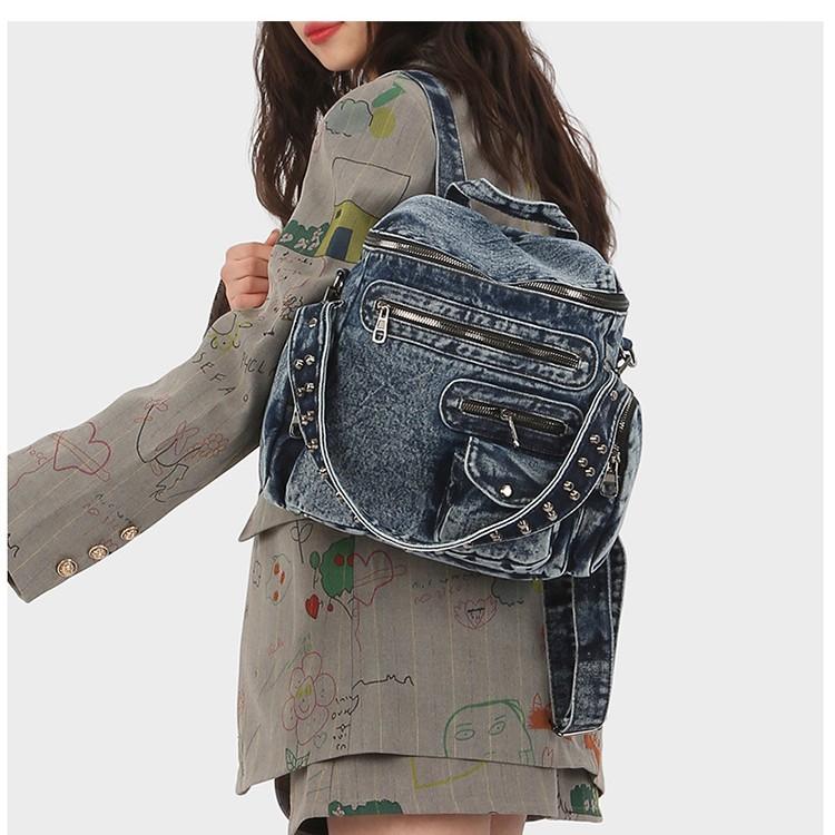Schoolbag American denim backpack locomotive bag 1011 new niche design multi-pocket simple schoolbag women