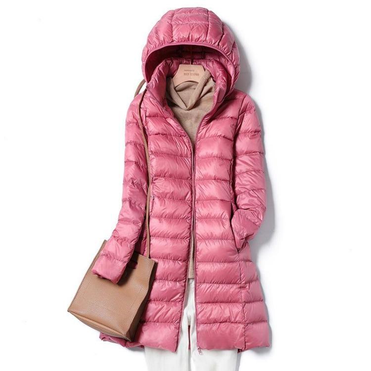 

Women s Lightweight Thin Down Jacket Mid-Length Hooded Winter Coat Plus Size Detachable Hat Autumn S розовый