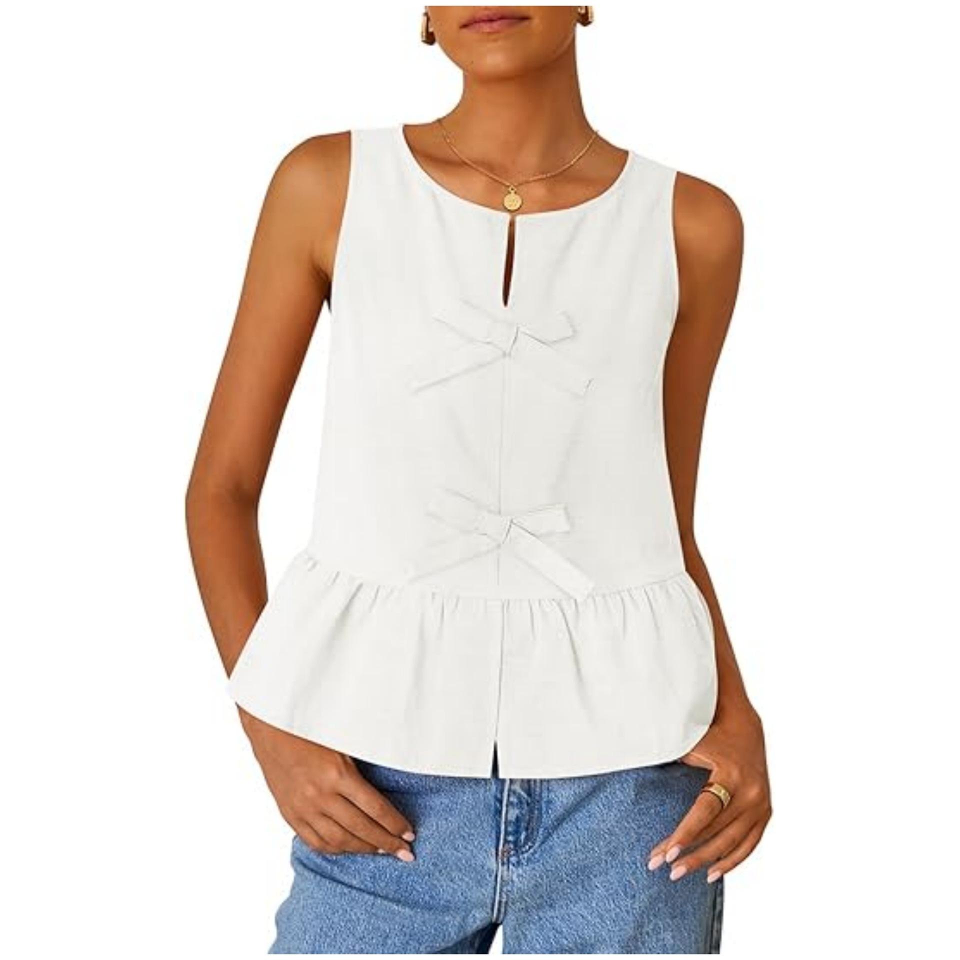 

2025 Однотонная рубашка без рукавов с бантом и завязкой, повседневная одежда M белый