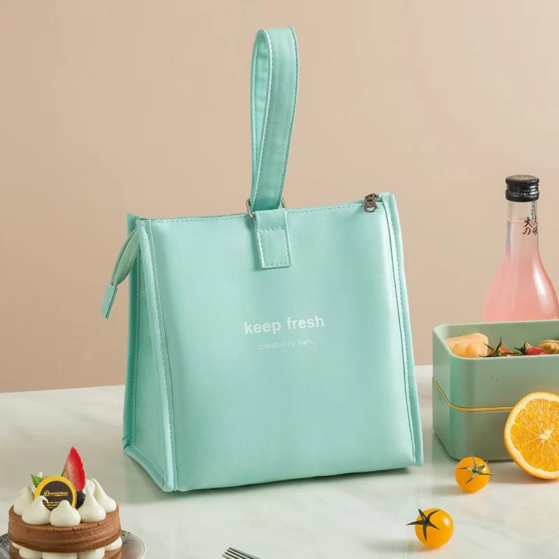 Portable Waterproof Lunch Bags PU Leather Food Picnic Lunch Box Insulated Women Cooler Bags Ice Pack Drink Carrier Thermal Bag