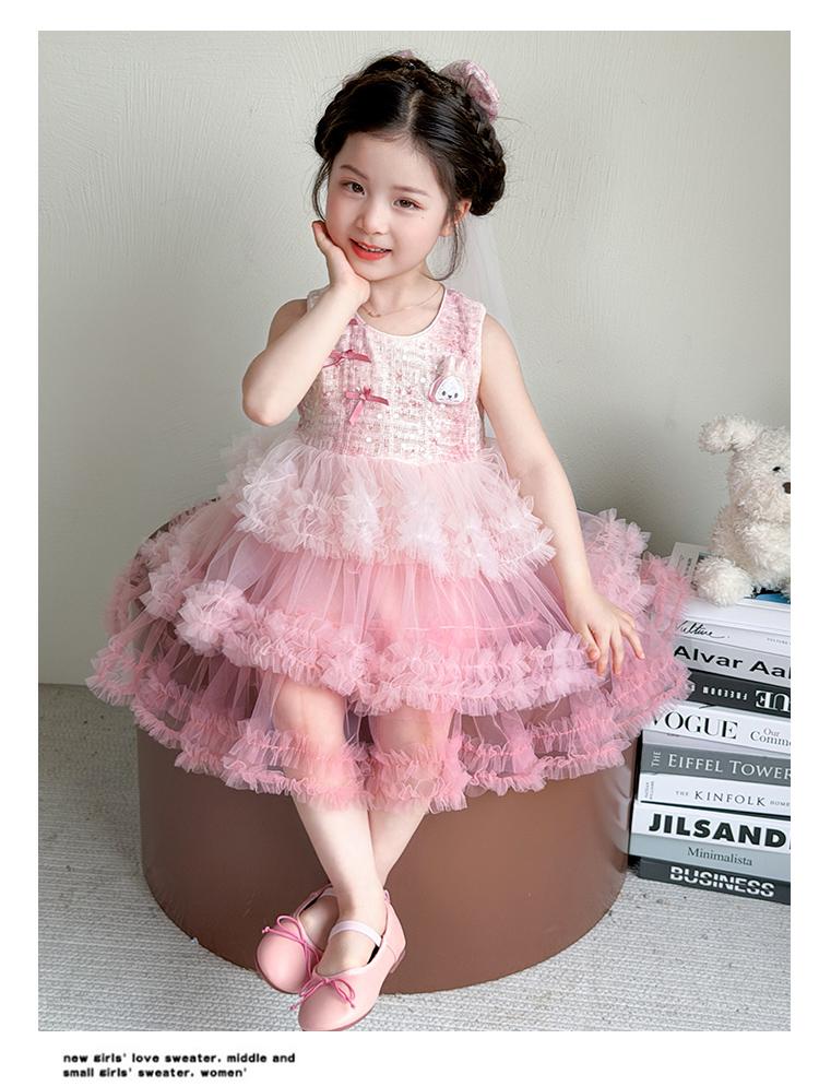 Girl's Rabbit Bow Cake Skirt Summer 2026 New Collection Sweet Mesh Sleeveless Dress Princess Dress for Baby Girls