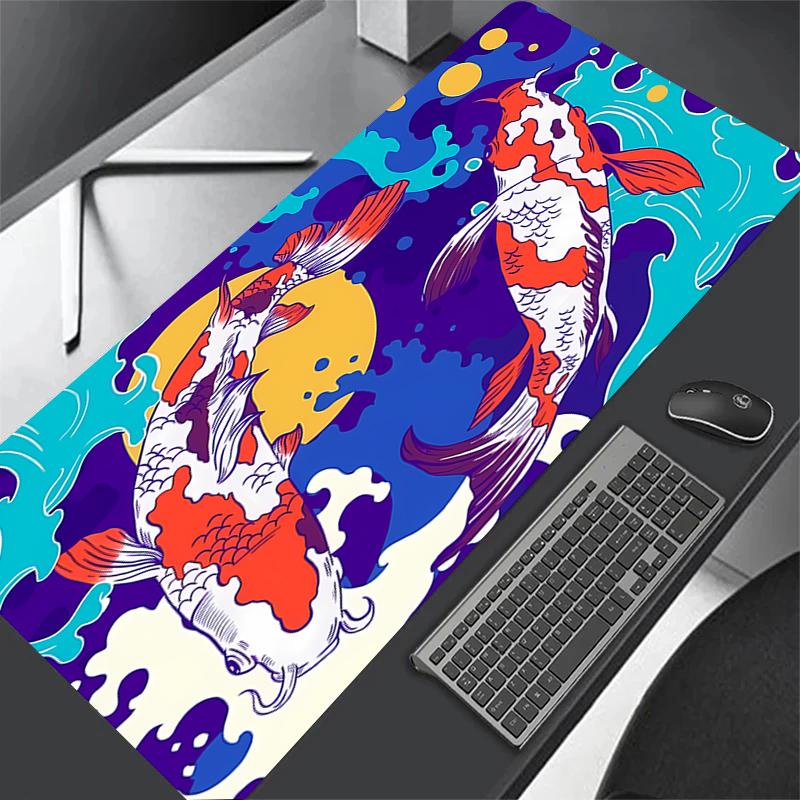 Japanese Desk Mat Black & White Mouse Pad Koi Fish Japan Art Seal Yin-yang Fish Large XXL Gaming Deskmat Rubber Mousepad 80x30