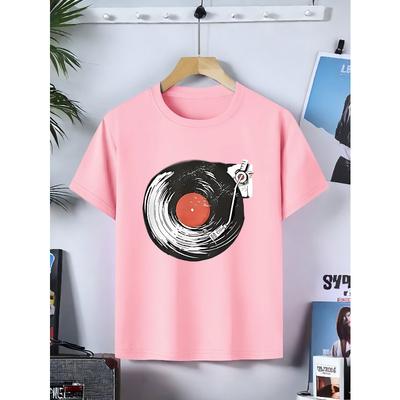 European Sizes Retro Record Pattern Short Sleeve T-Shirt Casual Fit, Crew Neck, Summer Knit Top with Medium Stretch Fabric
