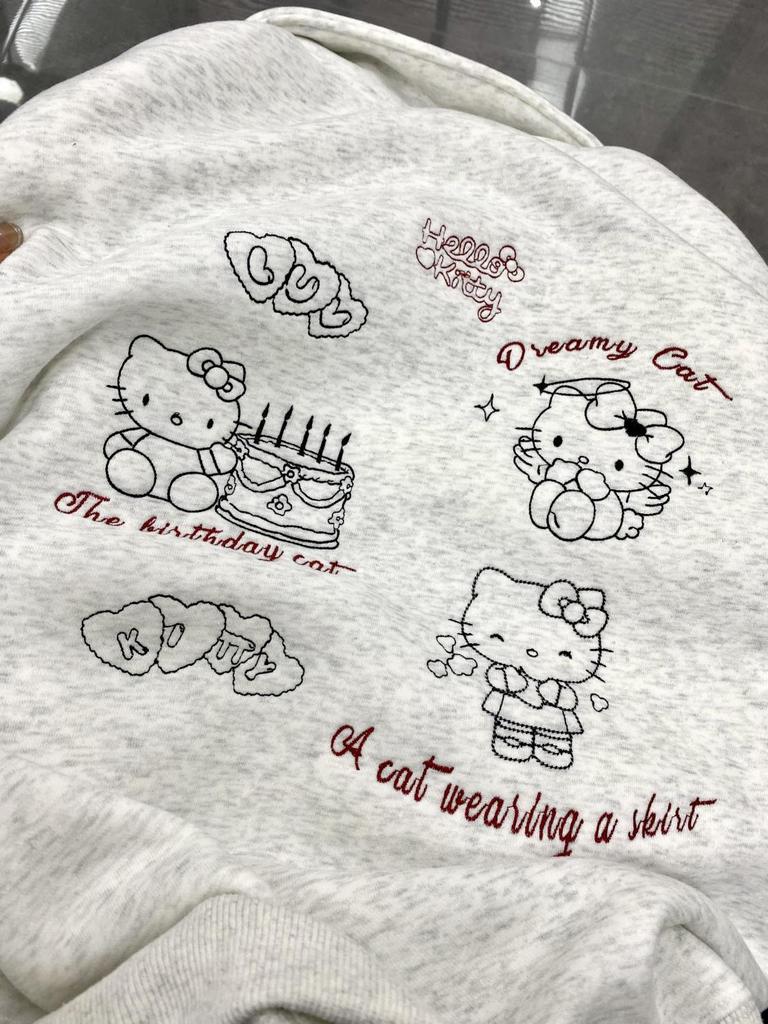 Women's 2025 Spring Hello Kitty Retro Embroidered Plaid Sweatshirt