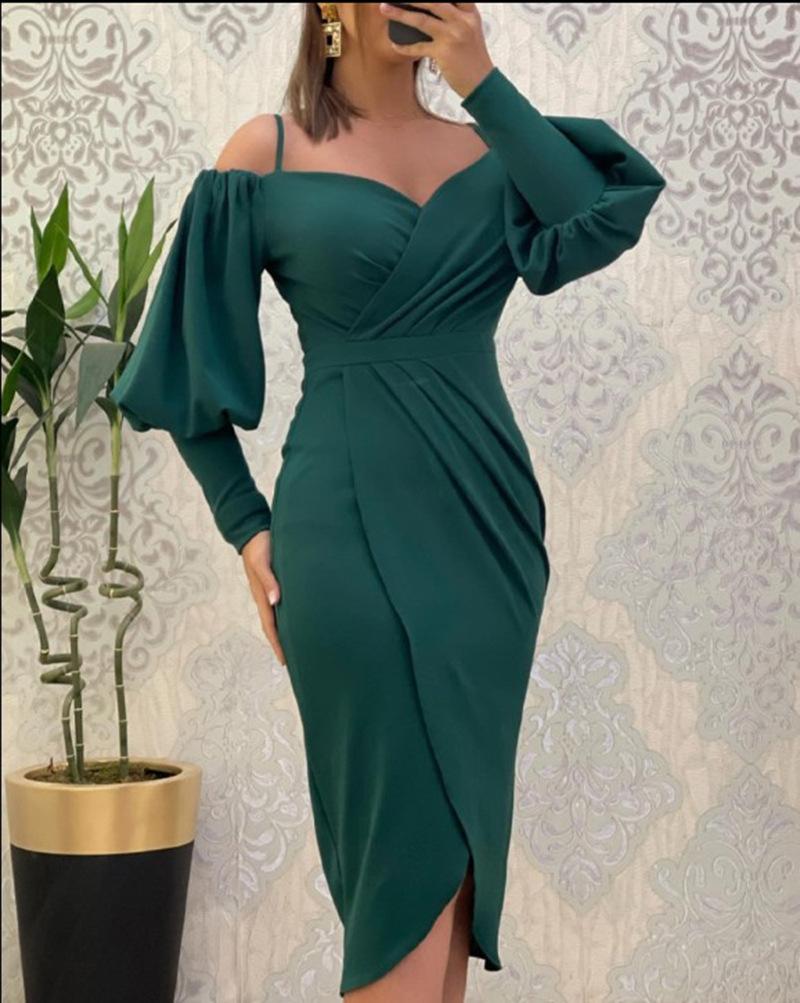 Women's Off Shoulder Midi Dress V Neck Wrap Front Puff Long Sleeve Ruched Waist Bodycon Elegant Party Dress