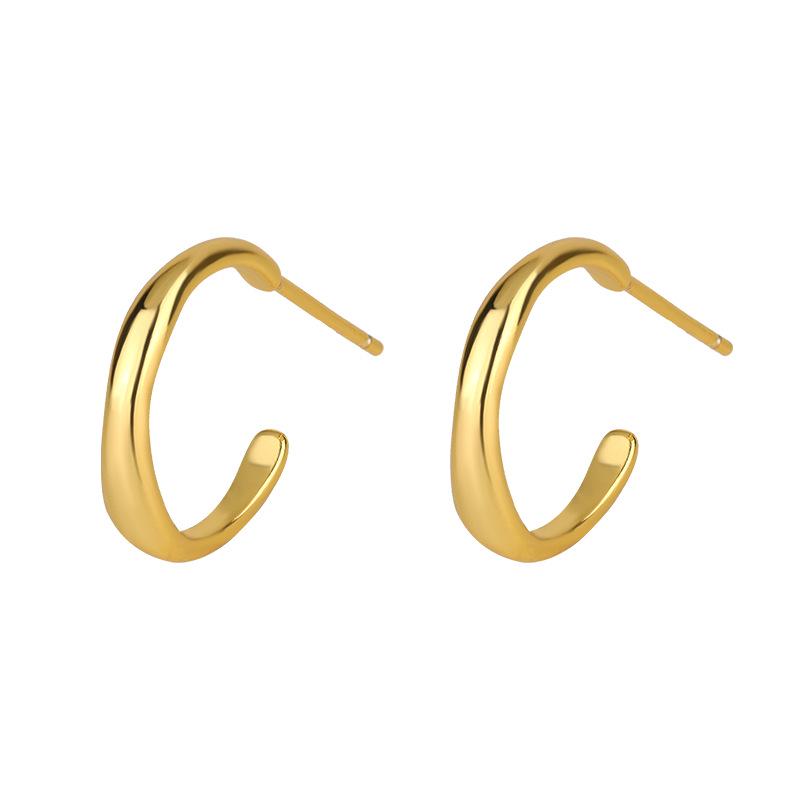 S925 Sterling Silver Retro Gold Textured C-shaped Earrings - European & American Style Versatile Studs
