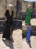 2026 New Hot Selling Deep V Neck Mid-Sleeve Slit Dress - European American Style, Solid Color Women's Clothing