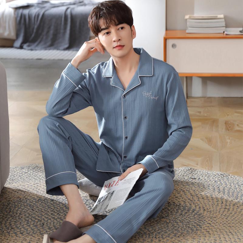 Pijama para Hombre Algodón Puro Manga Larga Primavera y Otoño Hombre Otoño e Invierno Delgado Algodón Cárdigan Talla Grande Conjunto