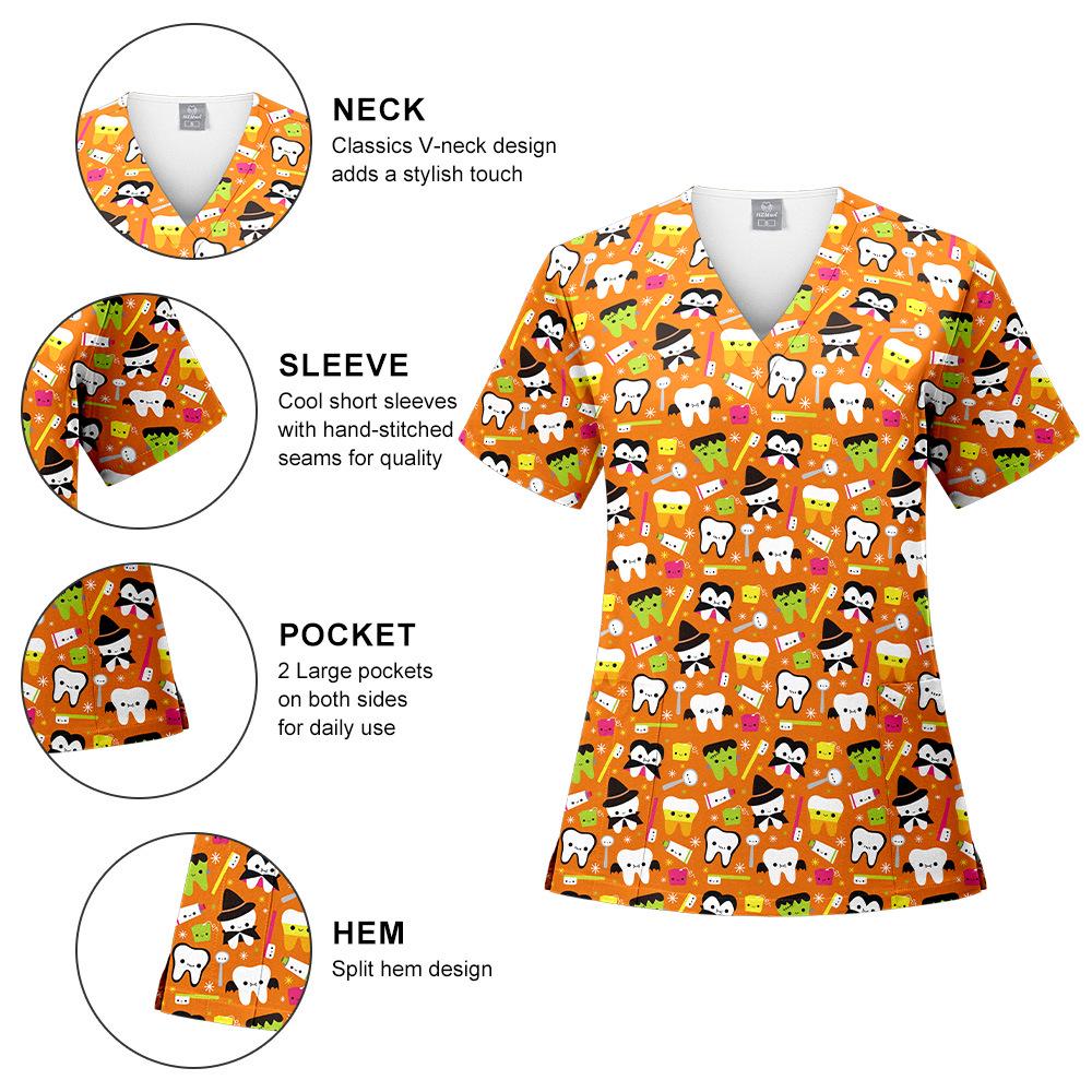 V-Neck Short Sleeve Printed Scrub Suit for Dental Clinics and Hospitals