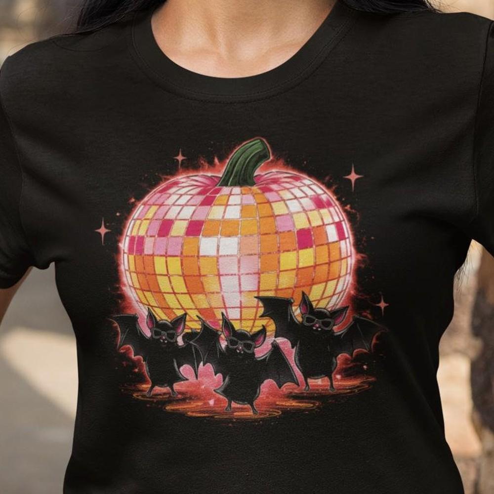 Disco Ball Pumpkin With Dancing Bats Shirt Retro Disco Pumpkin Halloween Mom Gif Unisex T-Shirt XXXXL