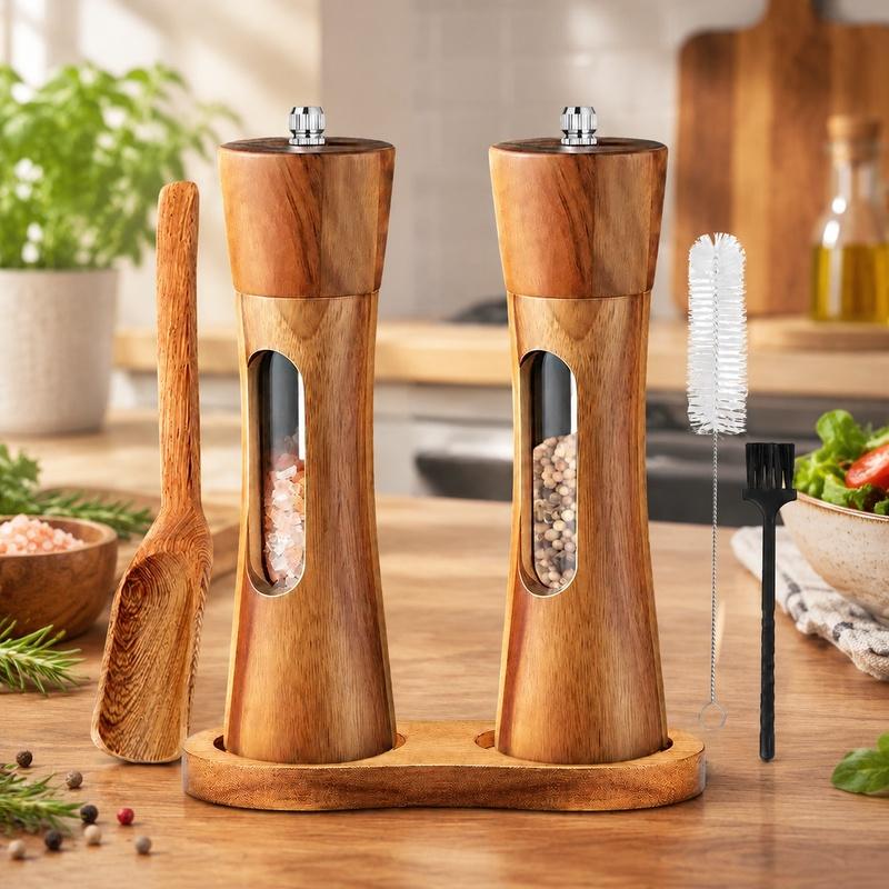 8" Wooden Spice Mill Duo with Ceramic Grinder, Clear Viewing Window, and Stable Base for Salt & Pepper