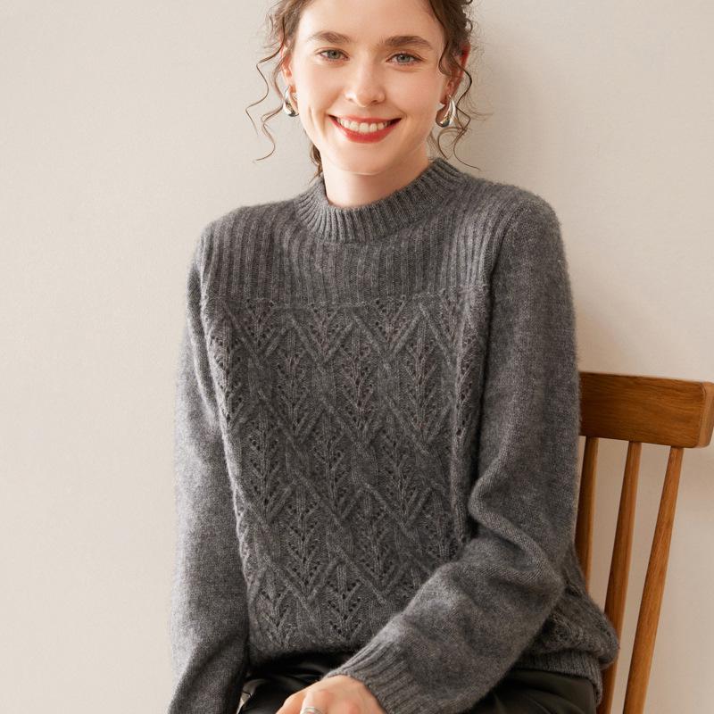 Women's 2025 Autumn/Winter Cashmere Sweater: Half-High Collar, Thick Knitwear, Hollow-Out Design