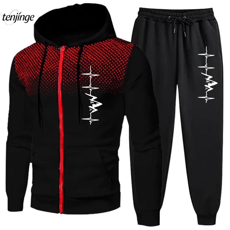 

Autumn and Winter Men s Sports Suit Casual Printed Zipper Hooded Sweatshirt+sports Pants 2-piece Set Hot Selling Jogging Suit 2XL білий