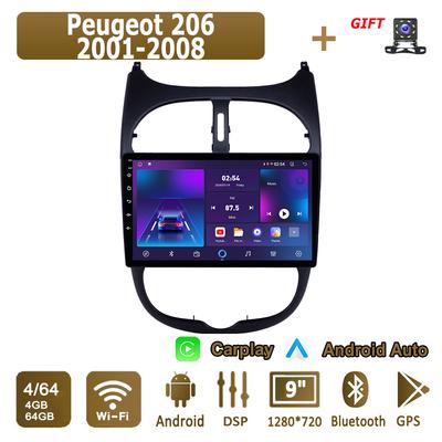 Autoradio Android Carplay pour Peugeot 206 2001-2008 Lecteur multimédia Unité principale Stéréo Navigation GPS BT WIFI 4 + 64 Go