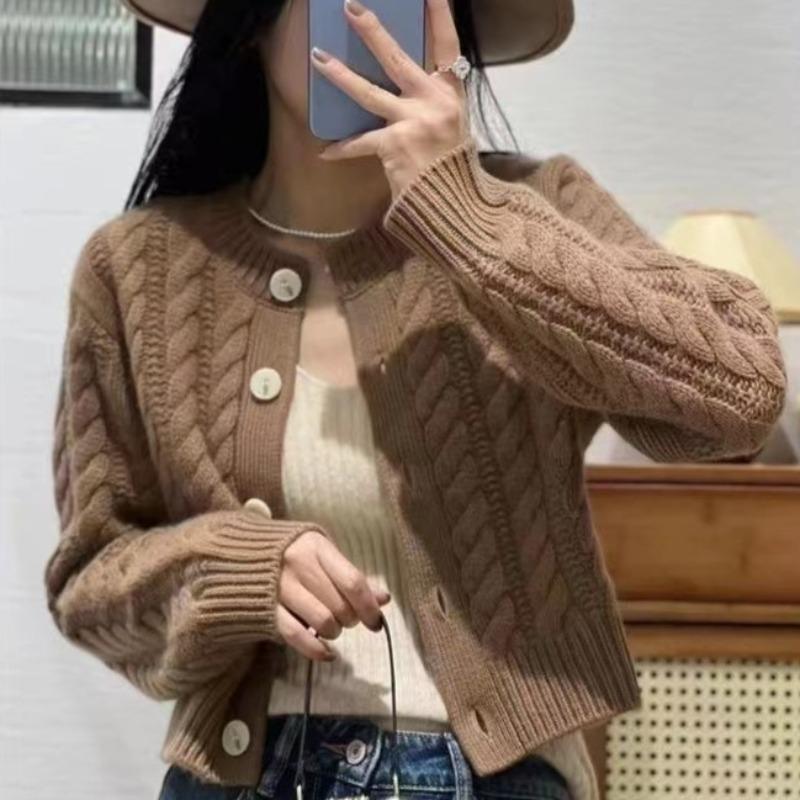 Autumn and Winter New Thickened Knitted Sweater Women's Crew Neck Sweater Cardigan Loose Lazy Twist Knitted Top Jacket