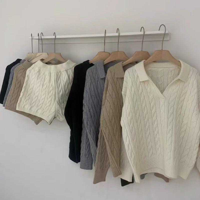 Winter Casual Loose Fit Tracksuit Oversized Pullover Long Sleeve Knitted Sweater Suit High Waist Shorts Two Piece Set Women Clothing