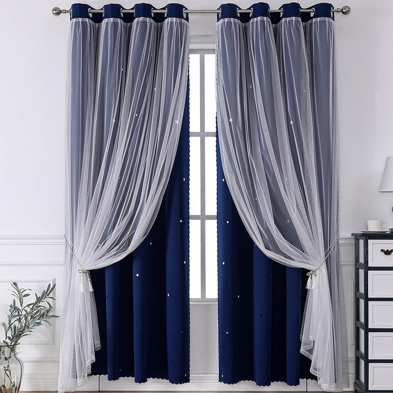 Lace Blackout Curtains Double Layer with Sheer Star Pattern Embroidery Thermal Insulated Curtain Princess Curtain  Luxury Double Layer Curtains W 100x H 130cm 1PCS