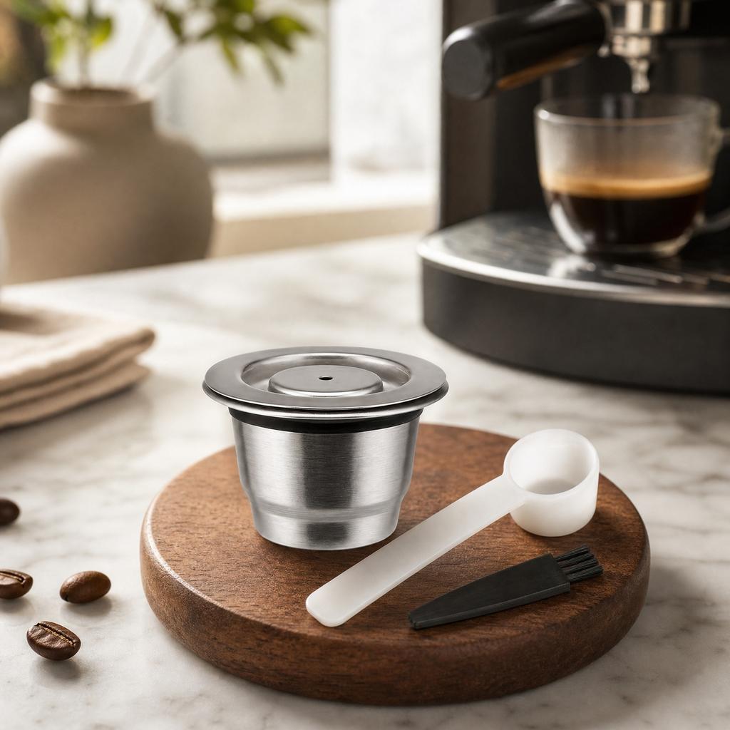 Reusable Stainless Steel Coffee Capsule Compatible with Nespresso Machines Includes Cleaning Brush and Measuring Scoop Eco Friendly Durable Design