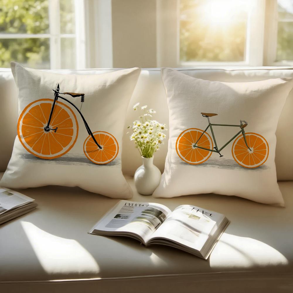 Fresh Fruit Orange Lemon Bicycle Art Cushion Cover Pillowcase Antidustmite Invisible Zipper Short Plush Sofa Cushion