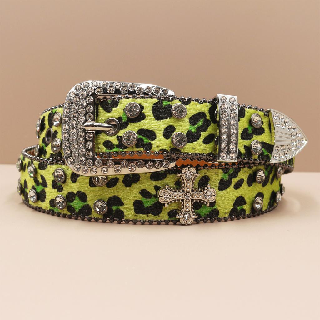 Cross Belt Leopard Print Western Rhinestone Belt Personalized Denim Woman Rivet Jeans Belt