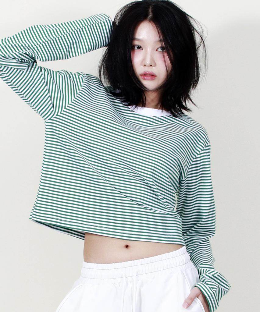 Deumakeu Striped Semi-Crop Long Sleeve T-Shirt Green