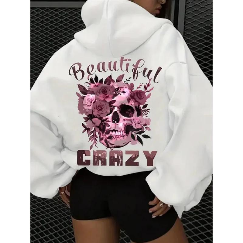 Women's Autumn and Winter Casual Hoodie with Skull and Floral Print Hooded Drawstring Round Neck Long Sleeved Warm Pullover