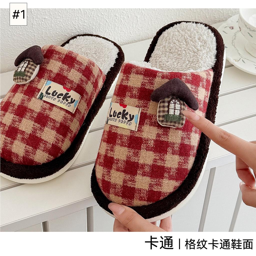 Linen Slippers Autumn and Winter New Cartoon Plaid Home Indoor Warm Plush Cotton Slippers