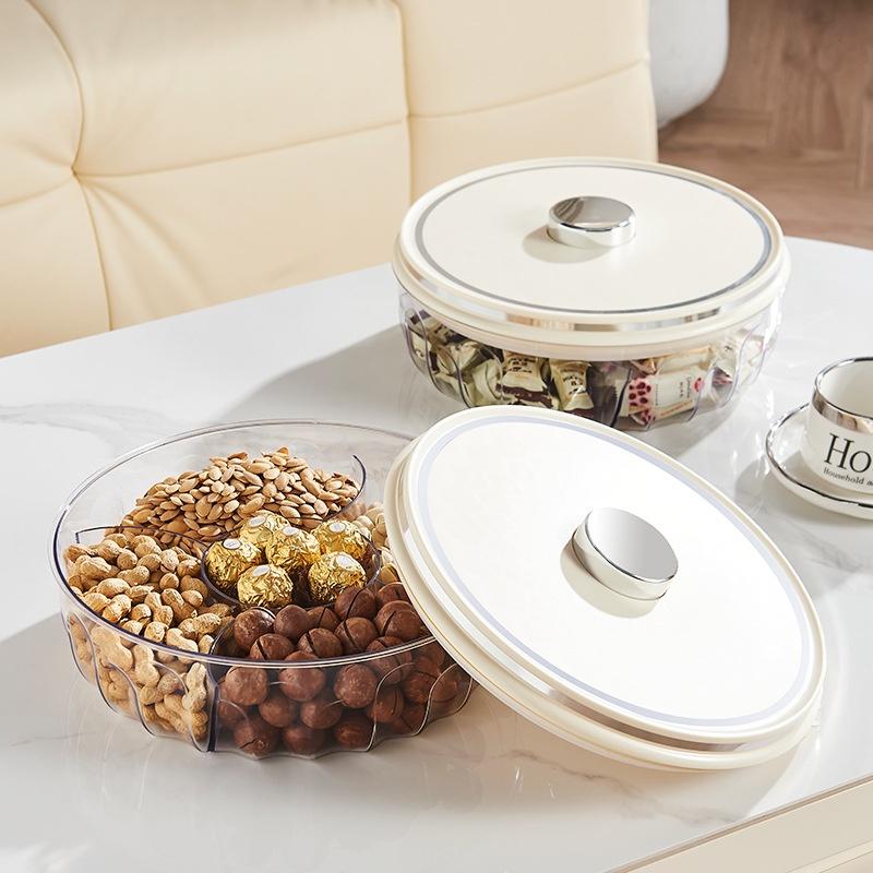 Divided Serving Tray with Push-on Lid, 5 Compartments Round Plastic Food Storage Organizer, Snack Tray for Portable Snack Platte