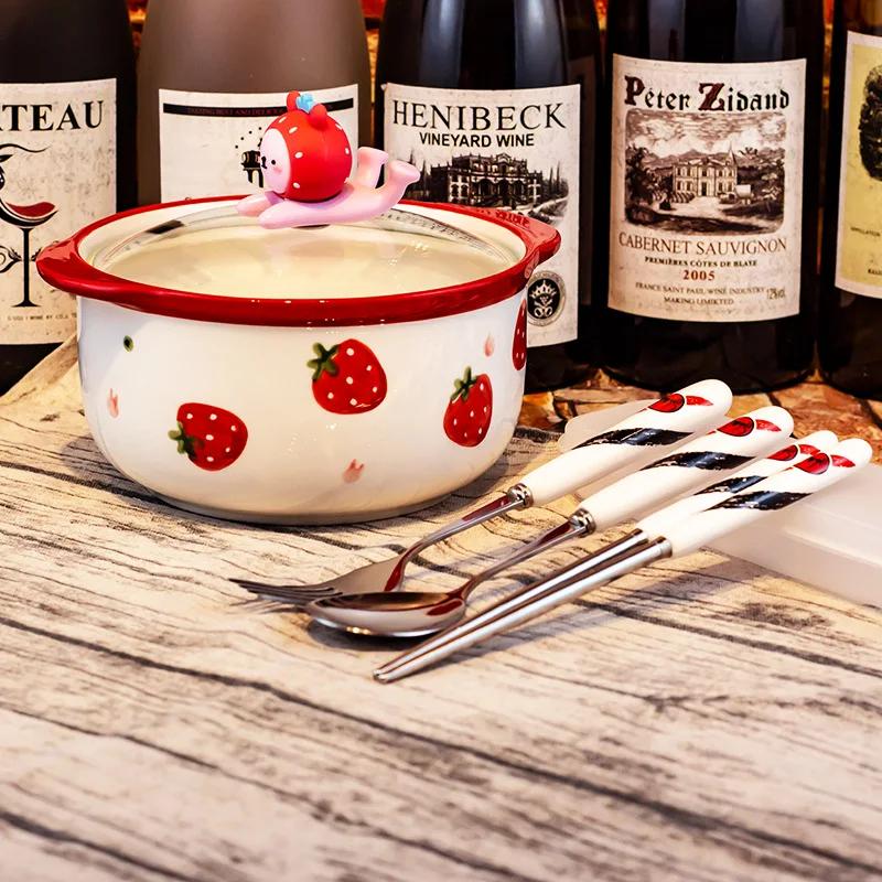 Kawaii Ceramics Strawberry Peach Ramen Bowl With Lid Cute Kitchen Large Instant Noodles Fruit Salad Rice Soup Bowl Tableware