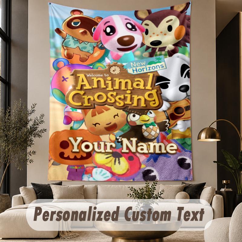 Custom Text Printed Tapestry Animal Crossing Pattern Large Wall Hanging Indoor Room Decor