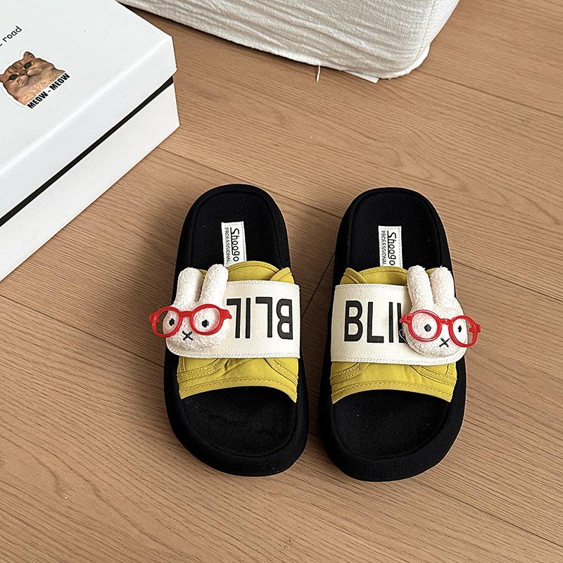 Fashion Thick-soled Velcro One-word Slippers Summer Cartoon Cute Casual Outer Wear Simple Girls Flat-bottomed Cool Slippers