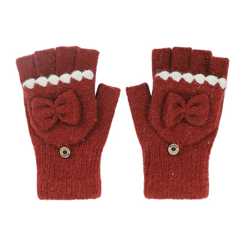 Winter Thermal Gloves Women's Flip Bow Knitted Gloves Women's Adult Gloves Fleece Finger Gloves Men