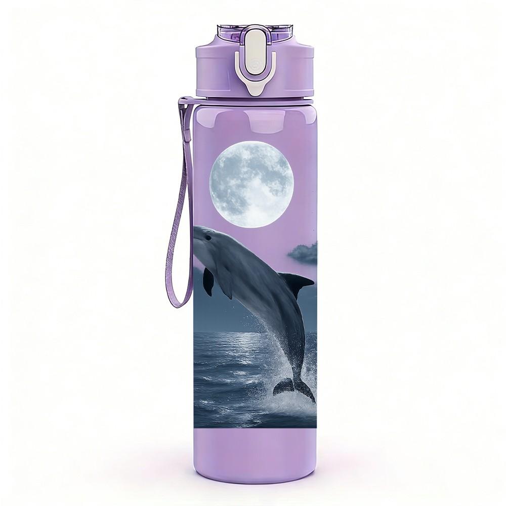 1PC Whale Jumping Ocean Wave Print 750ml Color Plastic Sports Water Bottle Leakproof Flip Straw Lid Suitable for Sports Office Home Use