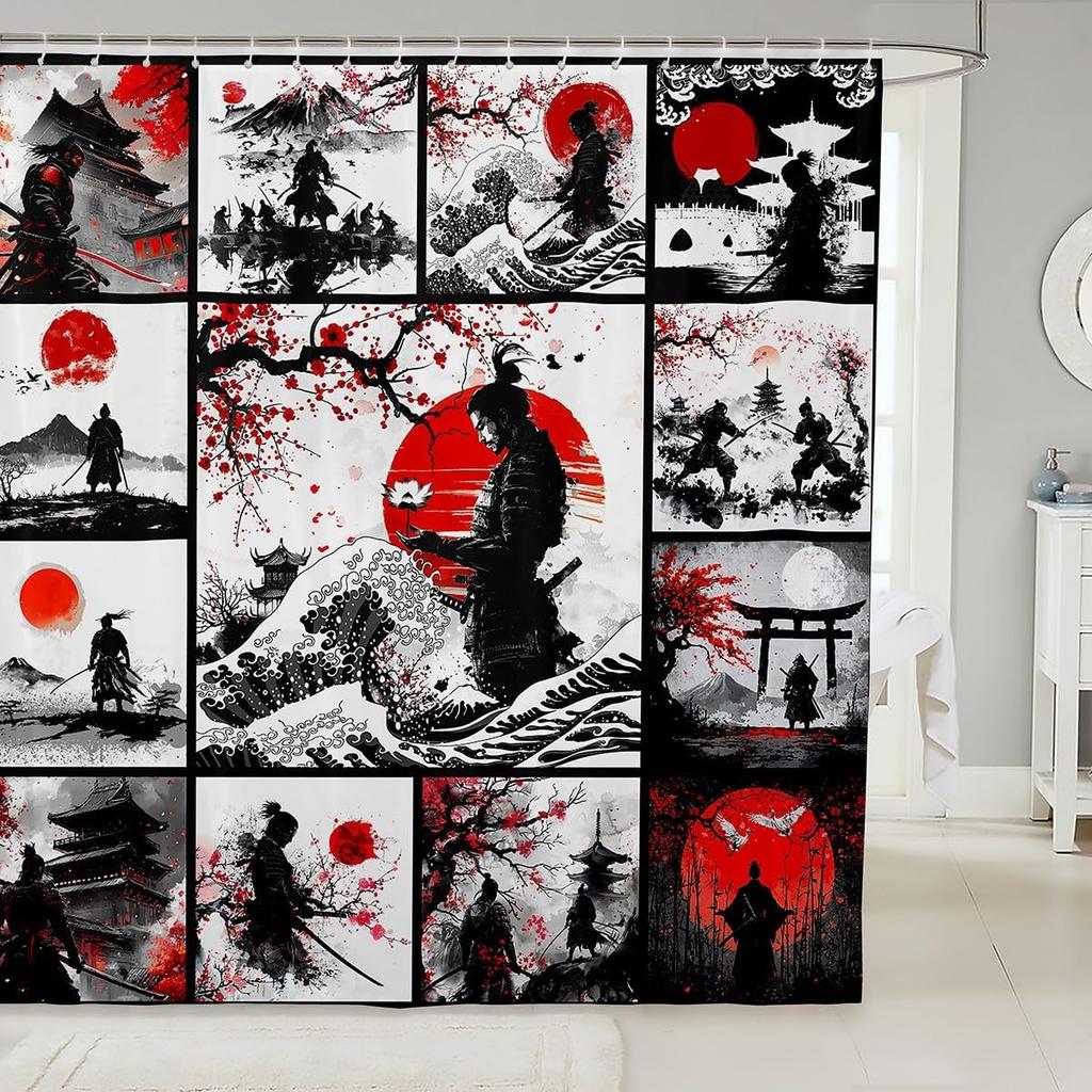 Kids Japanese Geisha Shower Curtain Boys Girls Cherry Blossoms Bathroom Shower Curtain Set Japanese Style Bath Curtain