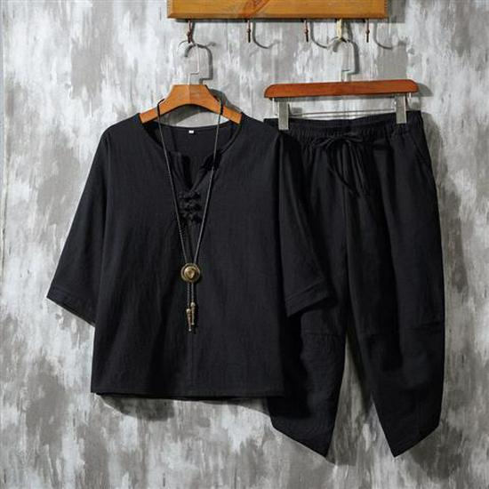 Men's Retro Chinese-Style Cotton & Linen Buttoned Three-Quarter Sleeve T-Shirt and Shorts Set
