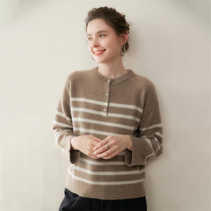 Women's Striped Color Block Henley Cashmere Sweater - Autumn/Winter Thick Knitwear