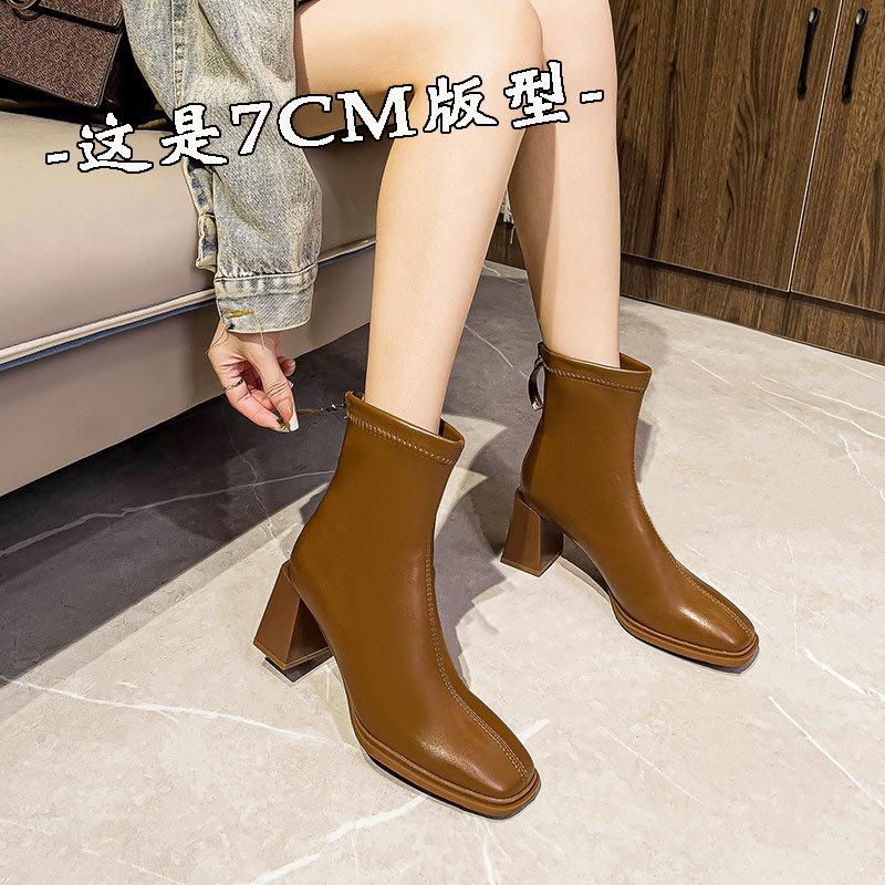 High-heeled short boots women's spring and autumn single boots 2024 autumn and winter new boots medium tube thick heel white bare boots square head th