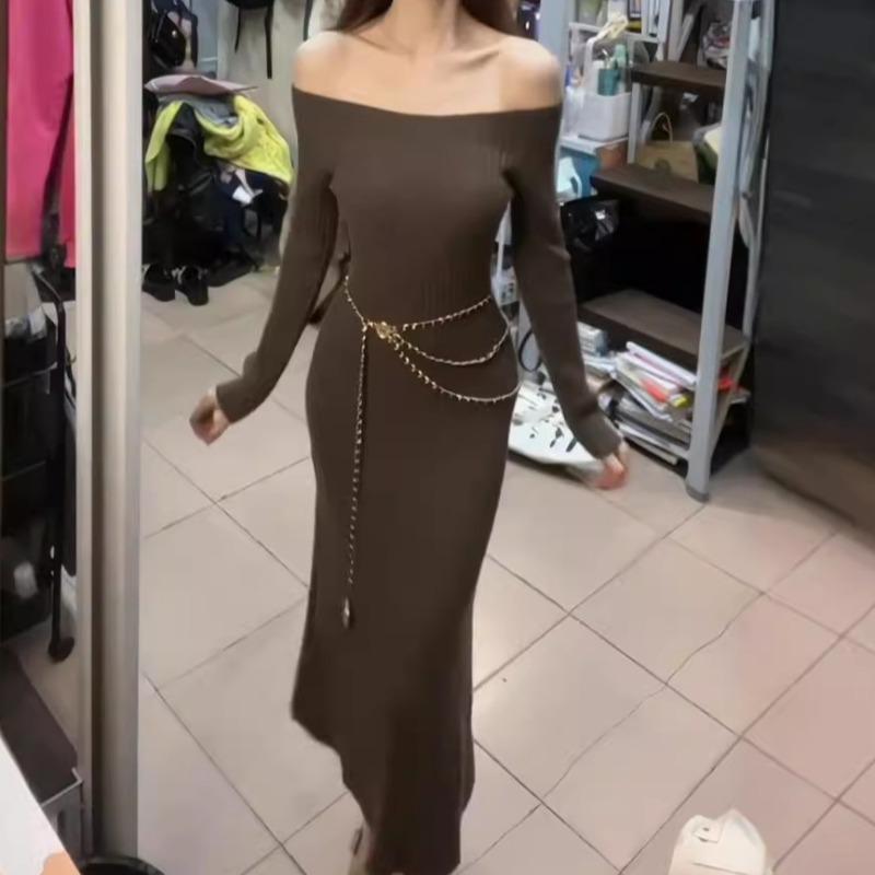 One-word Shoulder Knitted Exposed Collarbone Dress Women's Autumn and Winter New Slim-fitting Drape Versatile Bottom Dress