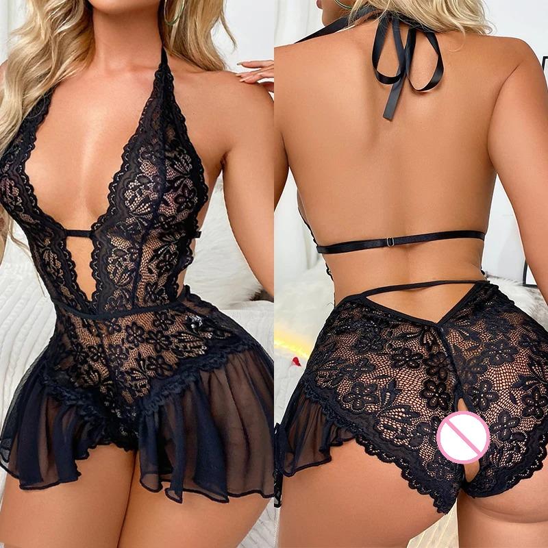Sexy Schrittoffene Exotische Kleider Dessous-Sets für Damen Spitze Durchbrochen Tiefes V Offener BH Baby Doll Erotische Kostüme Übergröße Unterwäsche