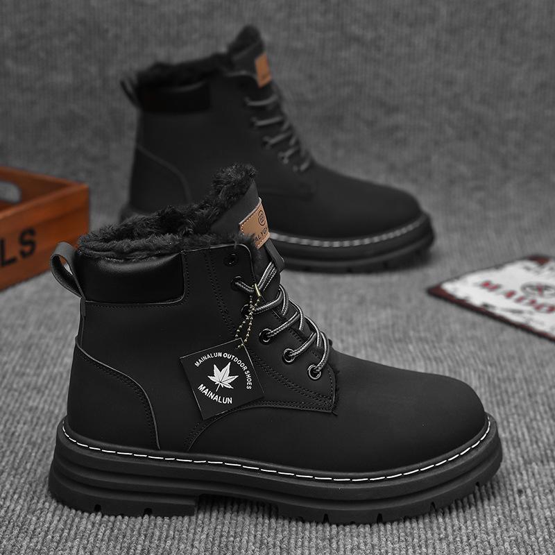 winter snow boots with warm plush lining non-slip sneakers men high top waterproof leather shoes thick-soled heightening shoes