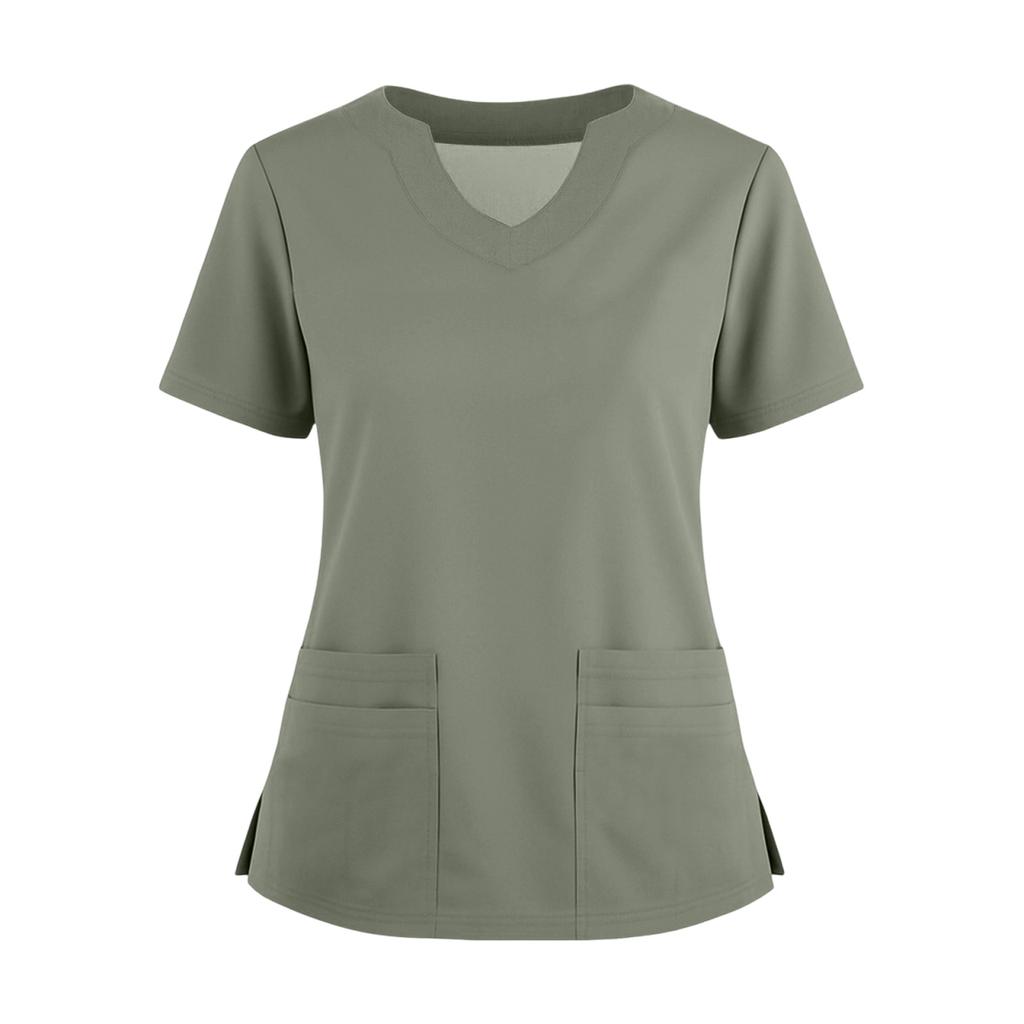 Women's Short Sleeved Solid Color V-neck Buttonable Side Slit Top T-shirt