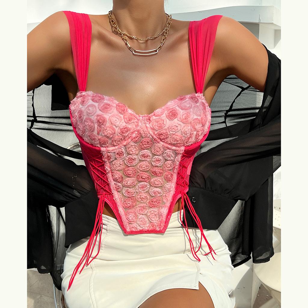 Stickerei Spitze Crop Weste Top Frauen Sommer Mesh Sexy Rosa Korsett Top Mode Aushöhlen Blumen Druck Grundlegende Tank Top