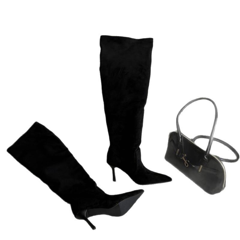 2025 New Fashion Boots Autumn and Winter New Big Tube Circumference Stacking Boots Pointed Pleated Thin Heel High Boots Spice Girl Boots