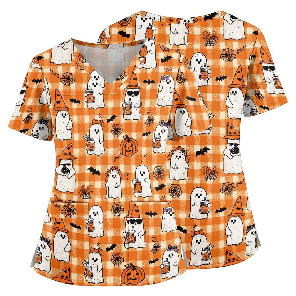 Halloween Print V Neck Medical Scrub Top with Pockets Side Slits Short Sleeve Nurse Uniform Shirt for Women