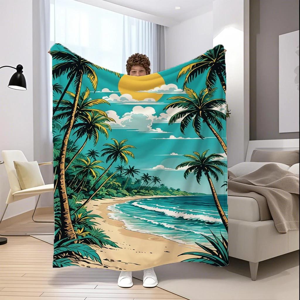 Tropical Beach Print Microfiber Flannel Cover Blanket Bedroom Living Room Sofa Soft And Comfortable Home Decoration